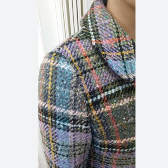 Vintage 90s Coat Moschino Tartan Plaid Multi Wool Ruffle US 10 - Picture 3 of 9
